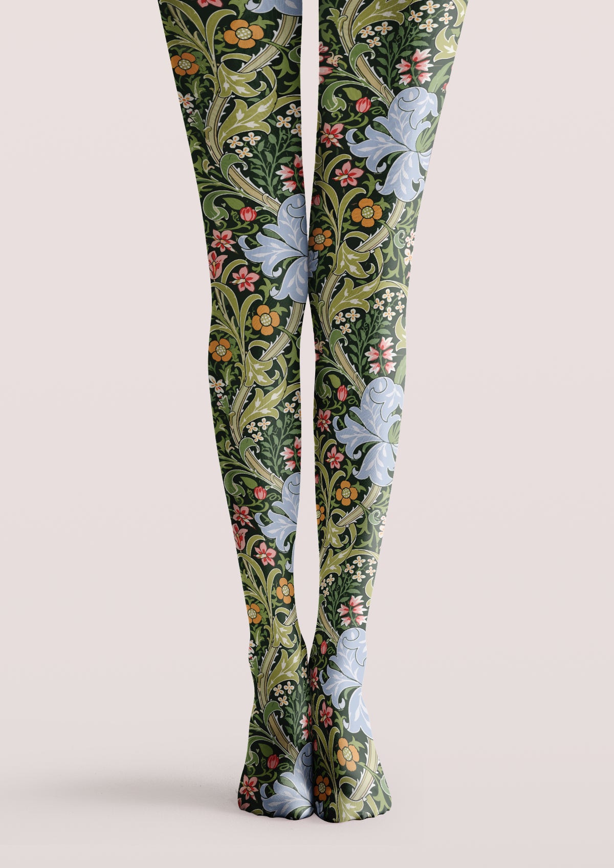 Black printed tights with pale blue flowers, curling green vines, pink blossoms, and small orange floral accents.