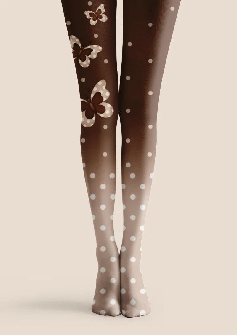 Brown tights with scattered ivory polka dots and large butterflies with dotted wings and curled antennae.