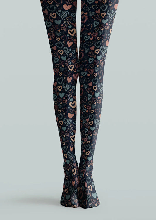 Navy printed tights with hand-drawn pink, orange, and muted green heart motifs