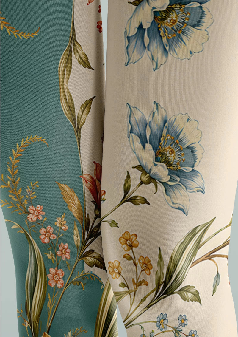 Asymmetric Retro Botanical Floral Print Tights Hosiery Pantyhose