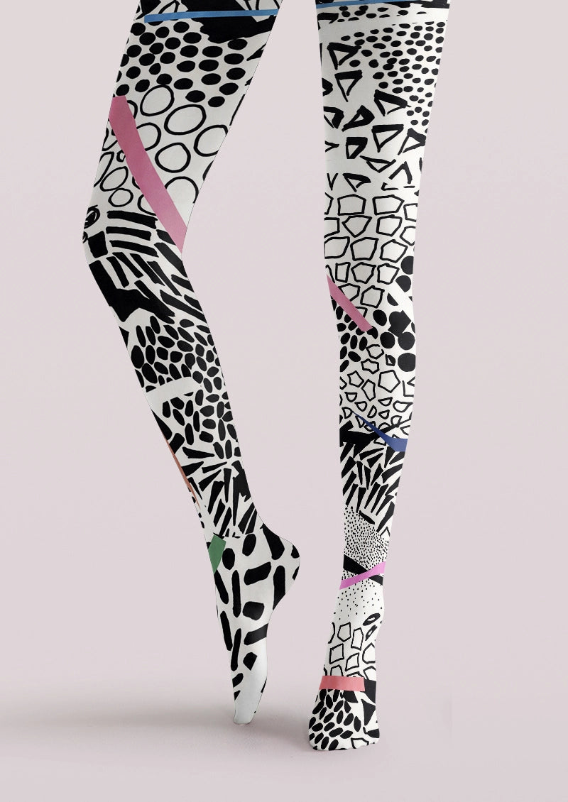 White Black Abstract Geometric Tights