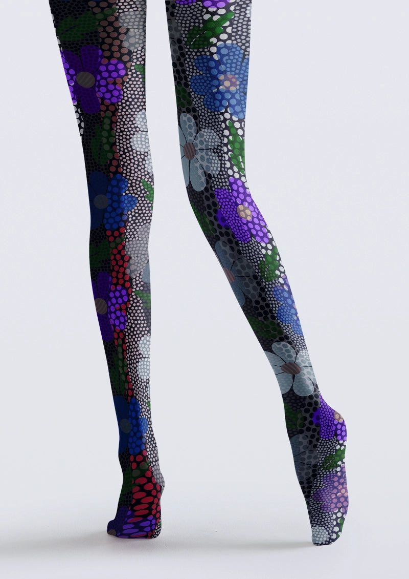 Black Purple Halftone Floral Tights
