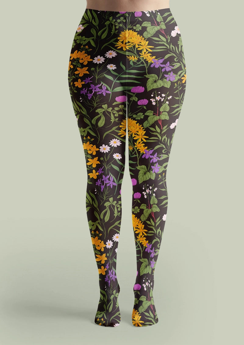 Dark Botanical Wildflower Print Tights Hosiery Pantyhose