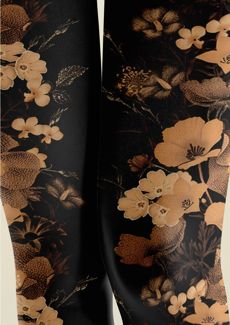 Golden-Brown Vintage Botanical Floral Print Tights Hosiery Pantyhose