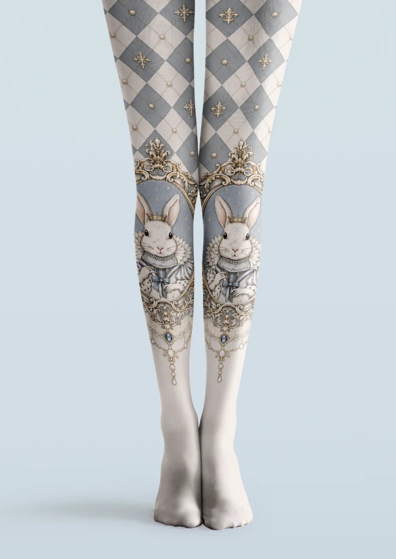 Gray, ivory, and blue printed tights with crowned rabbit portraits, argyle checks, and ornate decorative framing