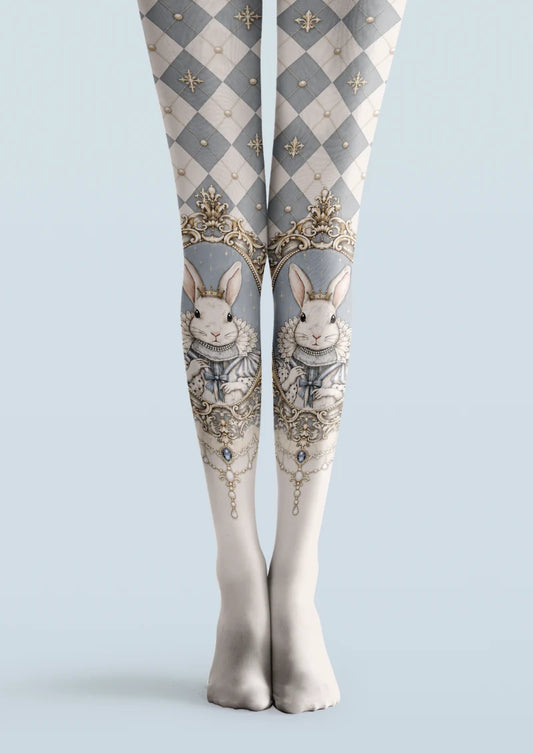 Gray, ivory, and blue printed tights with crowned rabbit portraits, argyle checks, and ornate decorative framing