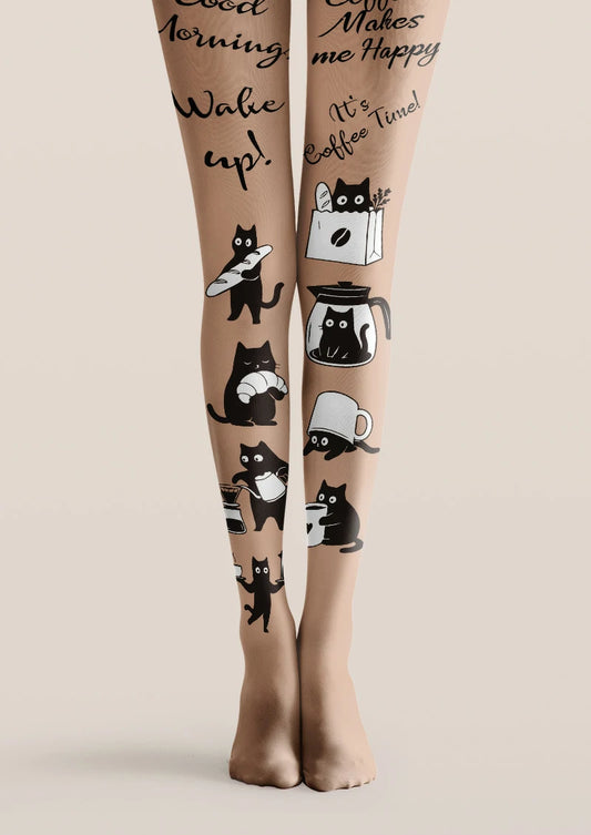Beige printed tights with black cats, coffee cups, bread, and café phrases