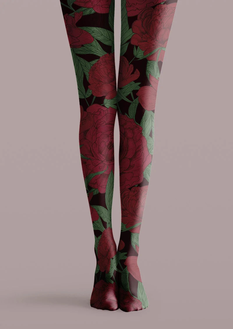 Crimson Rose Floral Tights Hosiery Pantyhose
