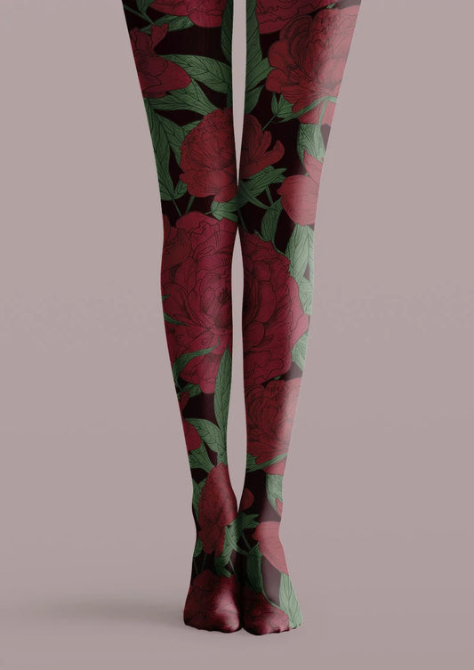 Crimson Rose Floral Tights Hosiery Pantyhose