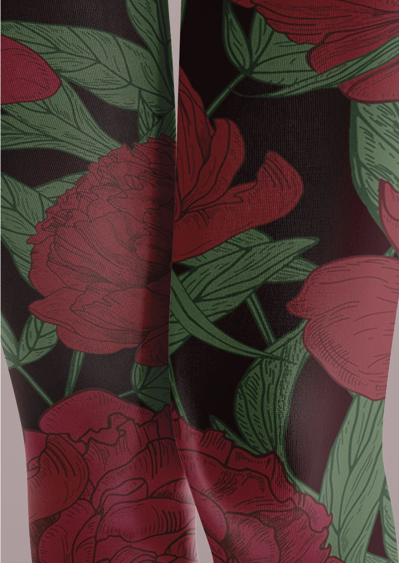 Crimson Rose Floral Tights Hosiery Pantyhose