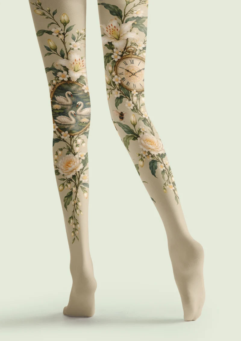 Beige Swan and Pocket Watch Tights