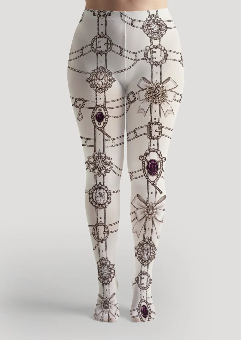 White Jeweled Brooch Tights