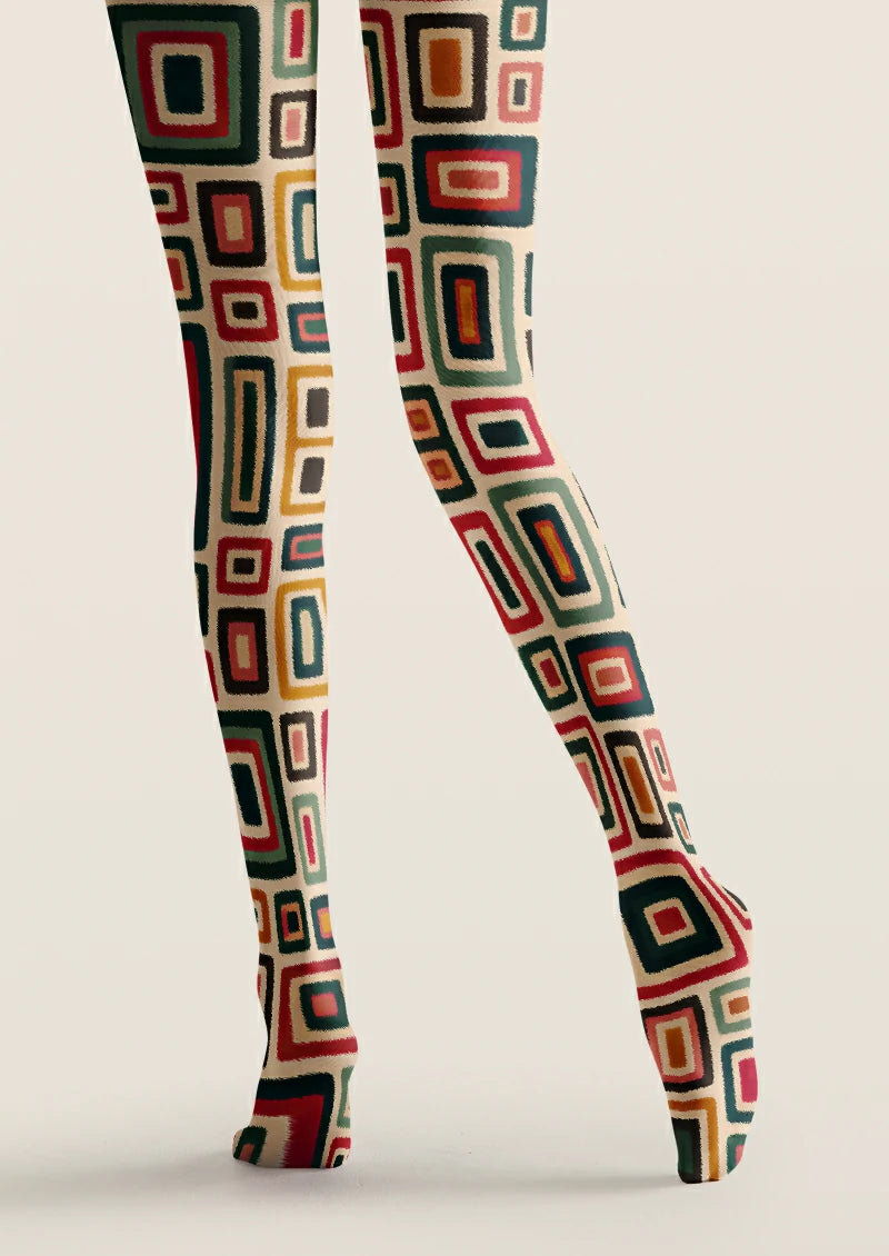 Multicolor printed tights with repeated nested rectangles in green, red, pink, brown, orange, and dark teal
