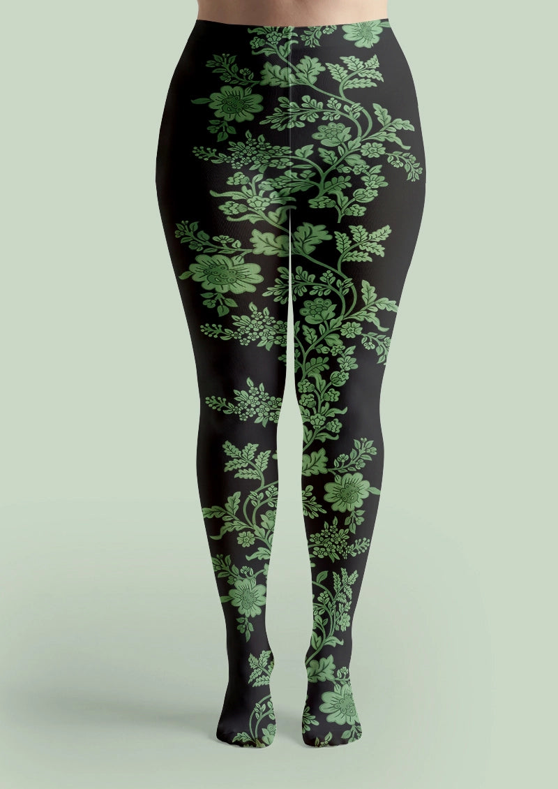 Green Botanical Vine Floral Print Tights Hosiery Pantyhose