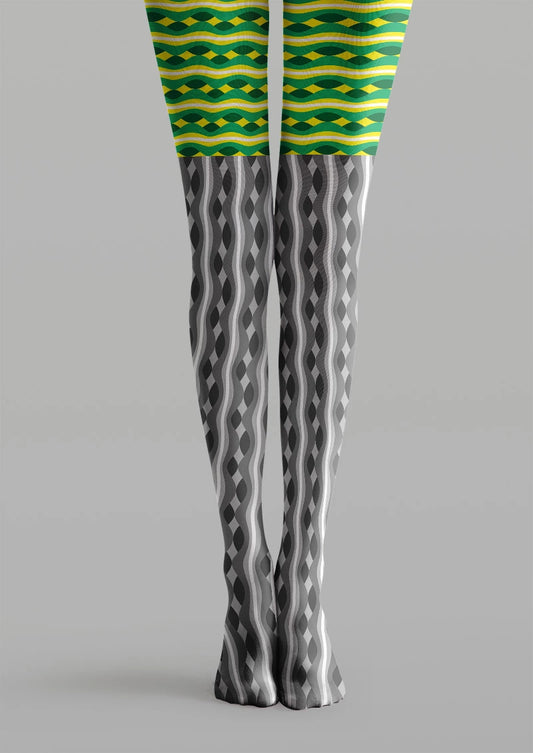 Two-Tone Green Grey Geometric Striped Pattern Tights Hosiery Pantyhose