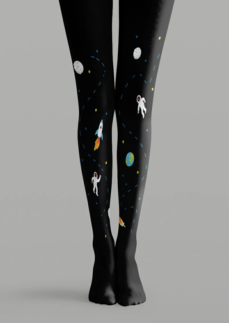 Black printed tights with astronauts, a rocket, Earth, cratered moons, stars and blue orbital paths