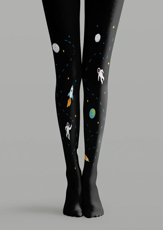Black printed tights with astronauts, a rocket, Earth, cratered moons, stars and blue orbital paths