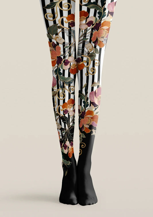 Black and white striped printed tights with large orange, pink and purple flowers, green leaves and curling stems.