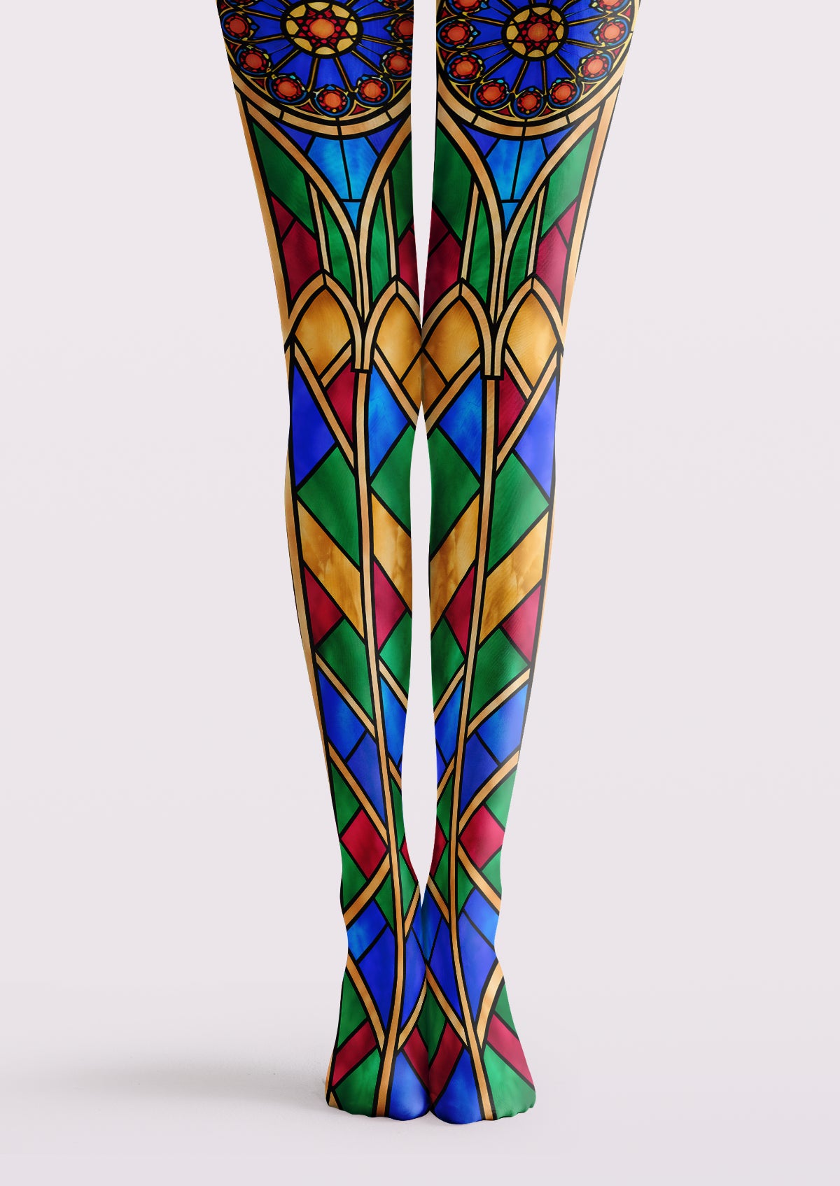 Multicolor printed tights with blue, green, red, and yellow stained glass arches, circular windows, and dark outlines.