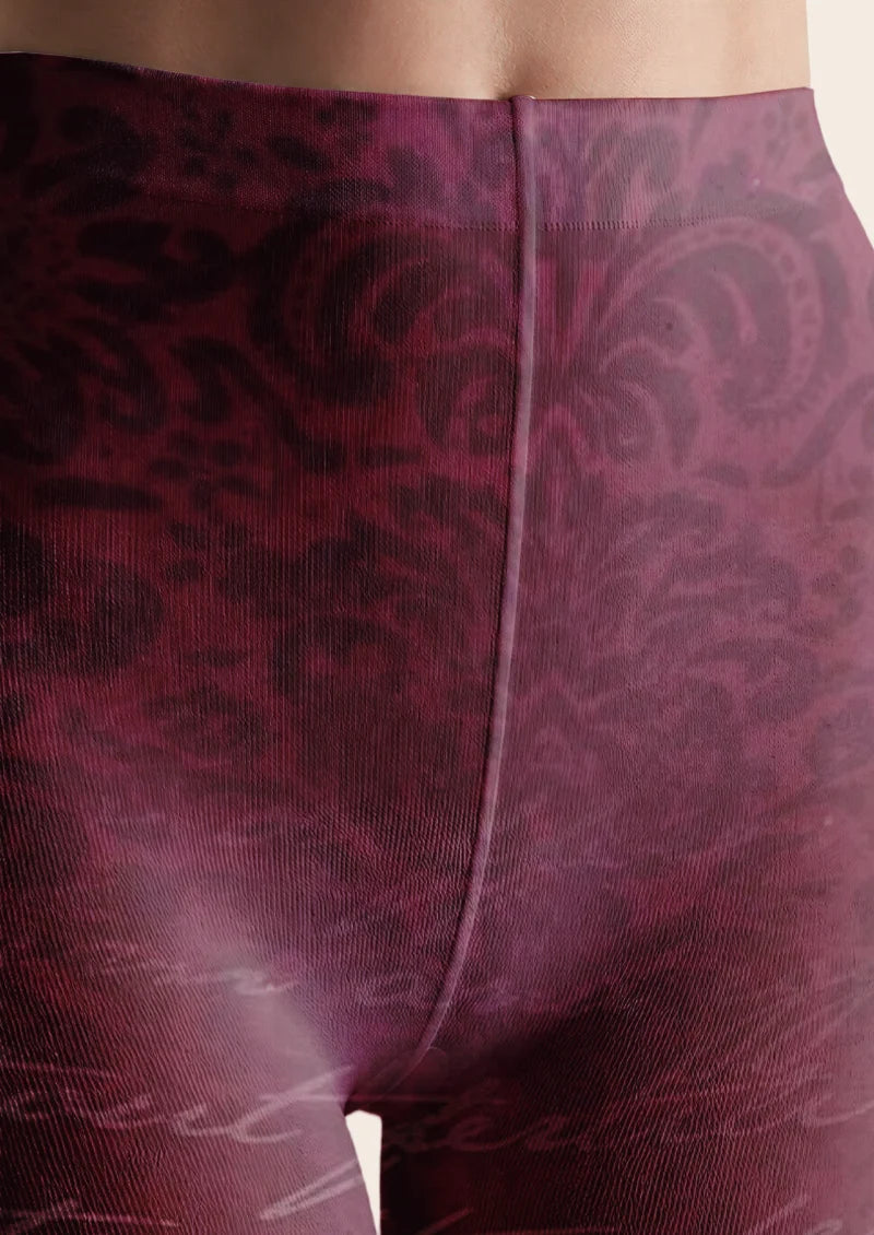 Burgundy Cursive Script Floral Tights