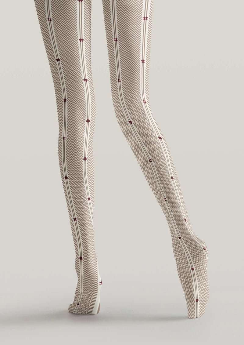 Beige Herringbone Striped Tights Hosiery Pantyhose