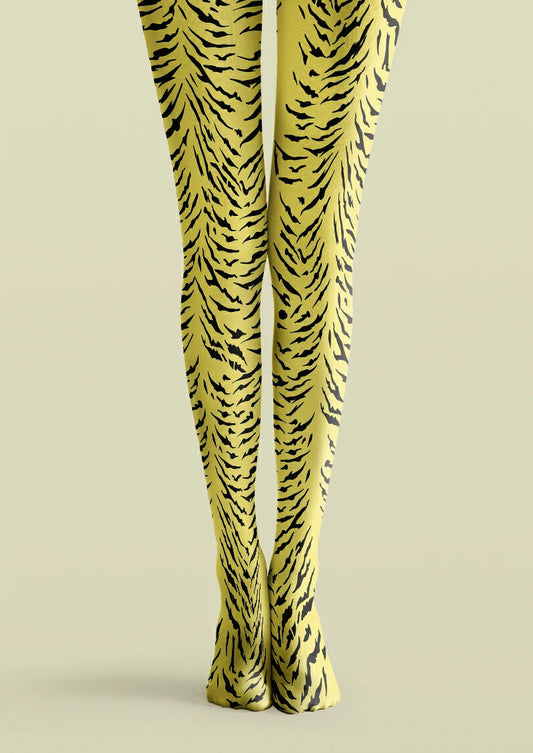 Yellow printed tights with black tiger markings forming irregular curved and branching stripes.