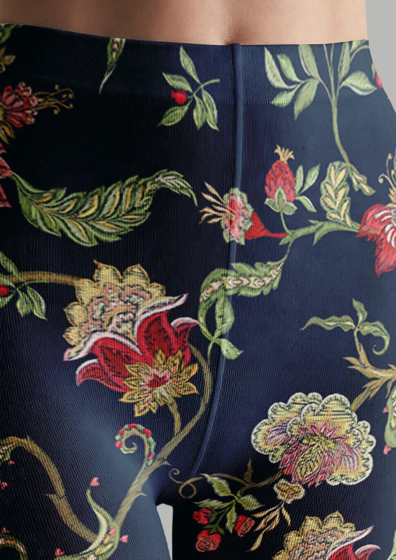 Navy Red Botanical Floral Tights