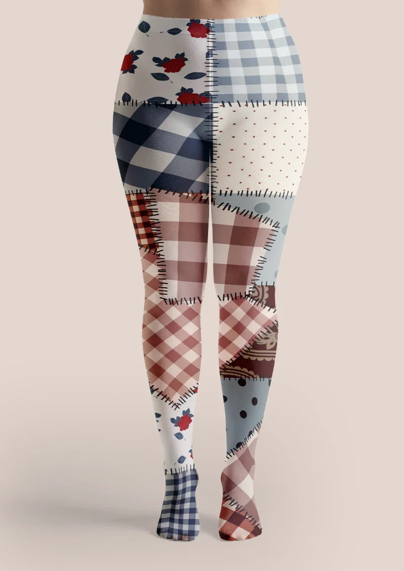 Beige Patchwork Plaid Rose Tights