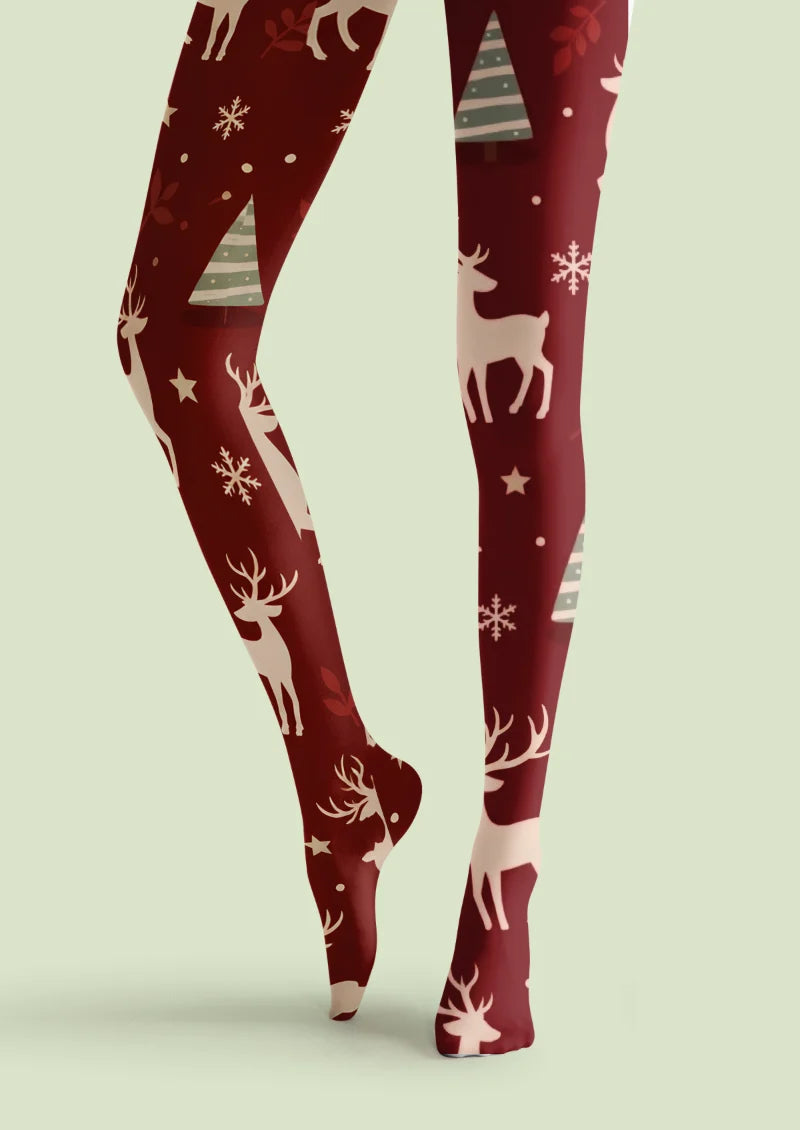 Burgundy Christmas Reindeer Tights