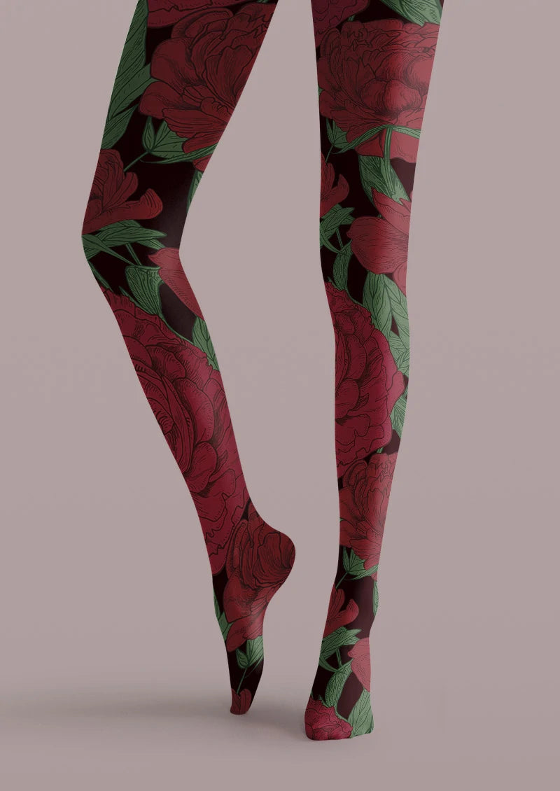 Crimson Rose Floral Tights Hosiery Pantyhose