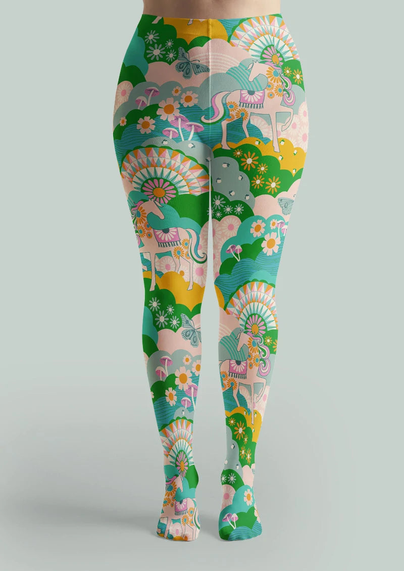 Retro Carousel Garden Graphic Tights Hosiery Pantyhose