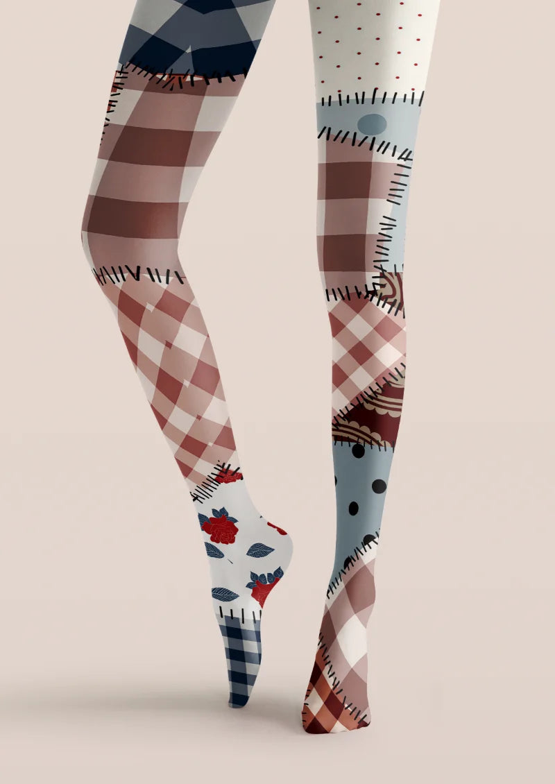 Beige Patchwork Plaid Rose Tights