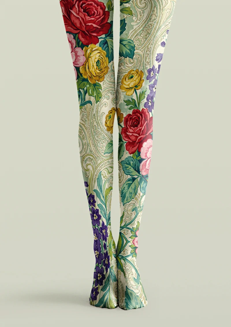Ivory printed tights with red roses, colorful flowers and green botanical leaves