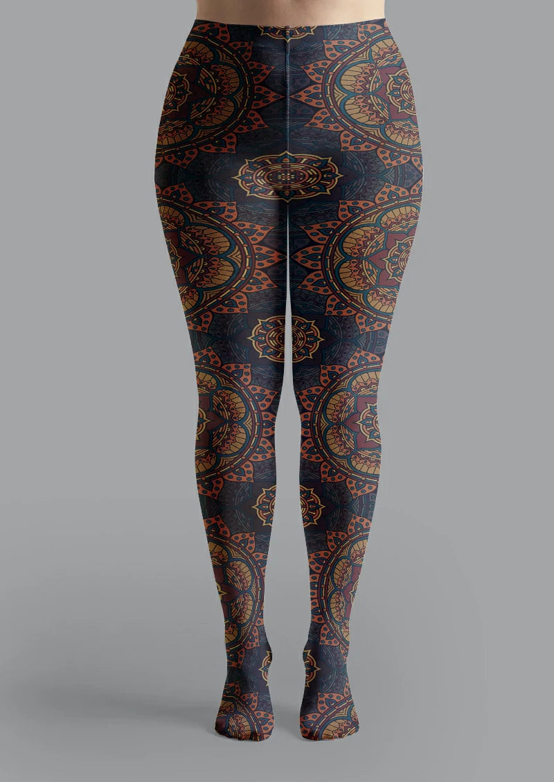 Navy Orange Mandala Printed Tights | Marcellise