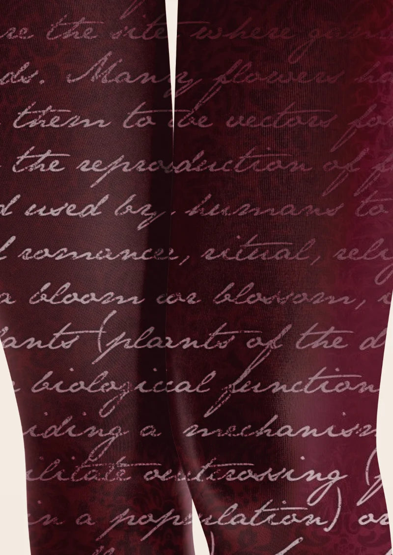 Burgundy Cursive Script Floral Tights