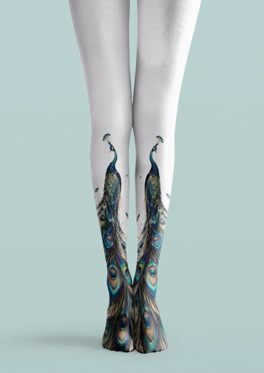 White printed tights with blue and green peacock illustrations and detailed feather-eye motifs
