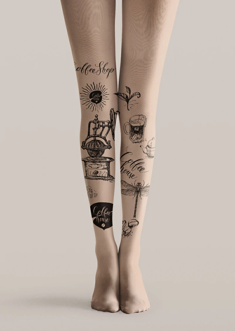 Beige printed tights with black coffee grinder, cup, dragonfly, plant, and café lettering