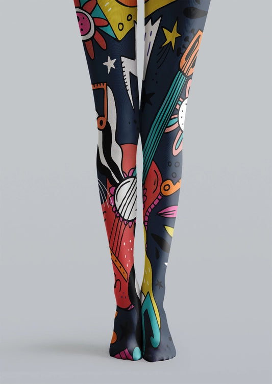 Colorful Guitar & Star Doodle Graphic Tights Hosiery Pantyhose