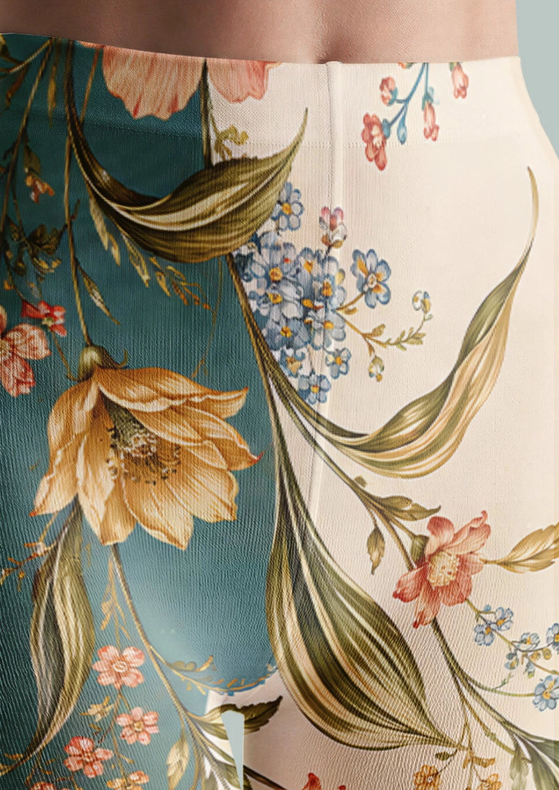 Asymmetric Retro Botanical Floral Print Tights Hosiery Pantyhose