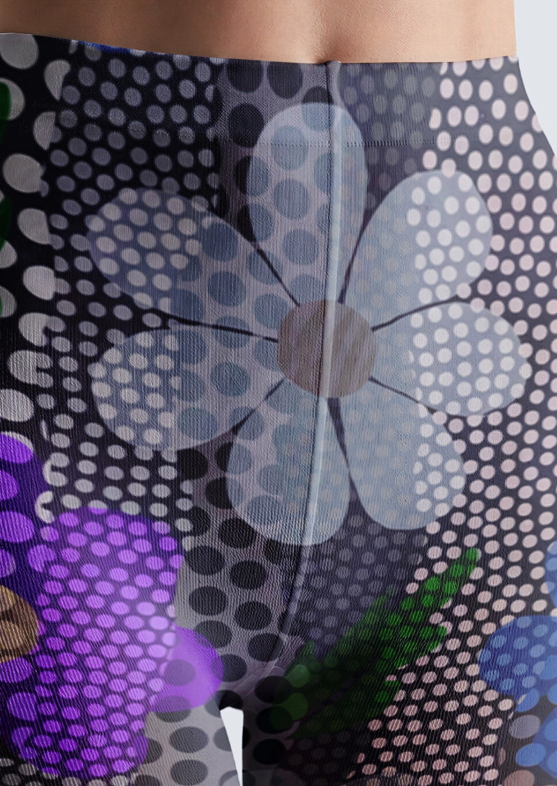 Black Purple Halftone Floral Tights