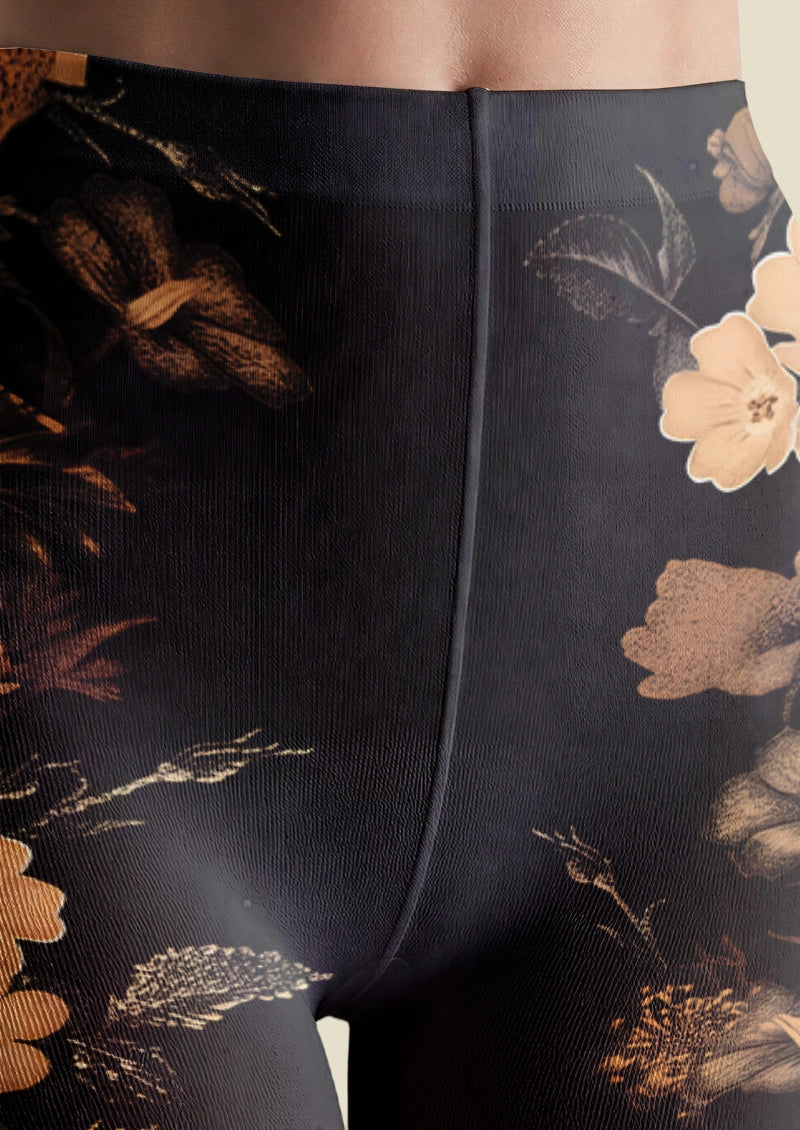Golden-Brown Vintage Botanical Floral Print Tights Hosiery Pantyhose