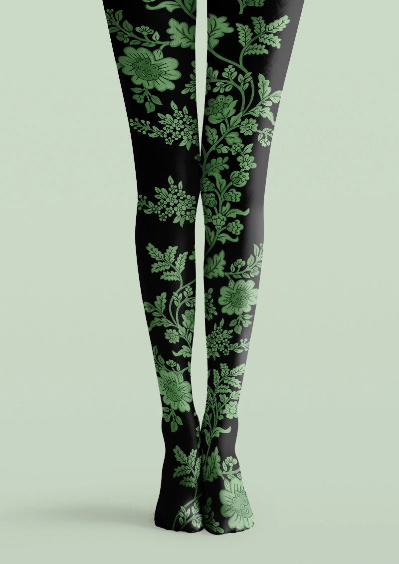 Green Botanical Vine Floral Print Tights Hosiery Pantyhose