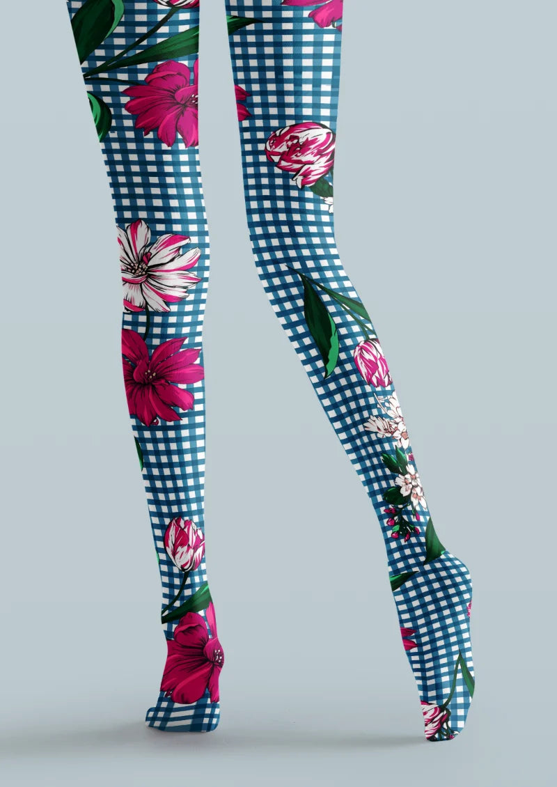 Blue Pink Floral Gingham Tights