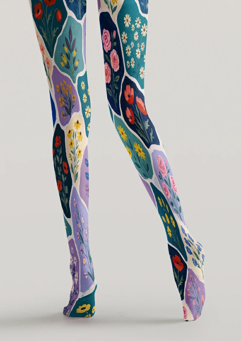 Blue Floral Patchwork Tights