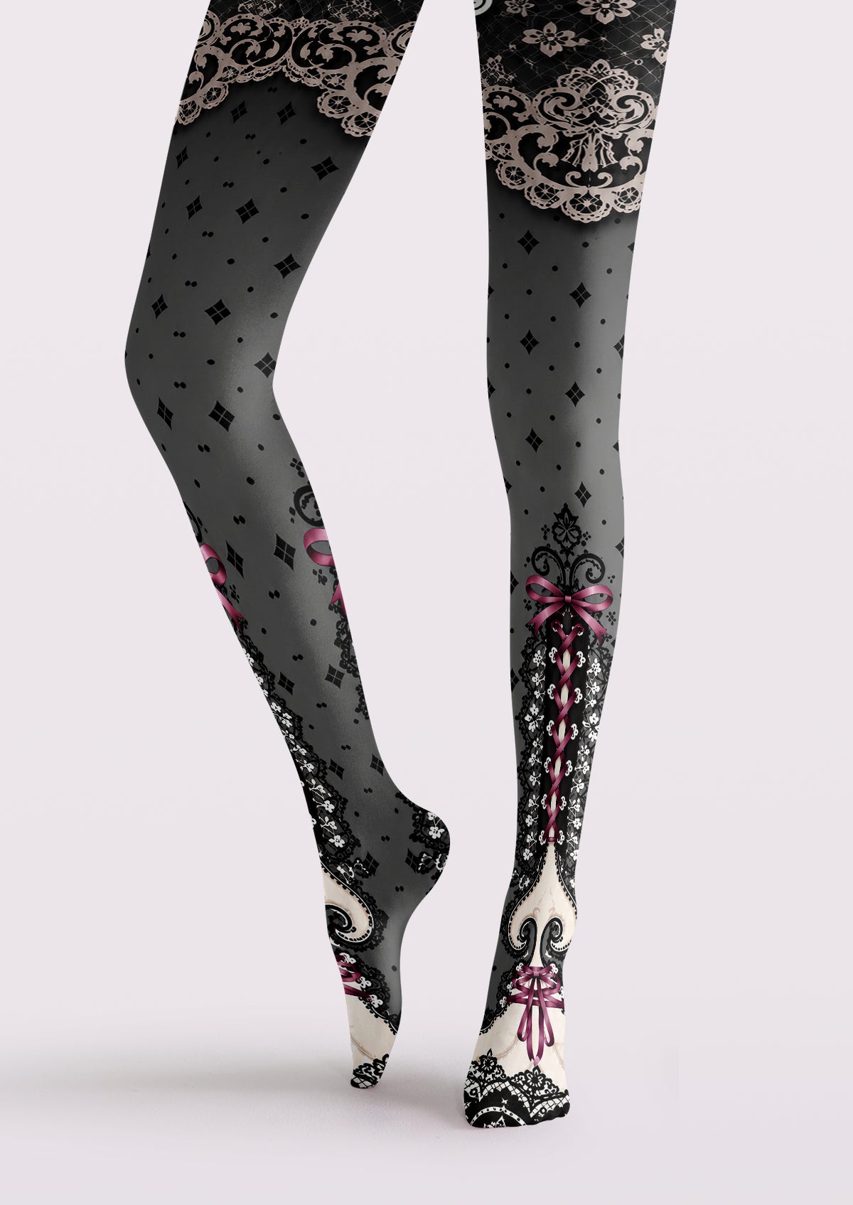 Gray Corset Ribbon Tights