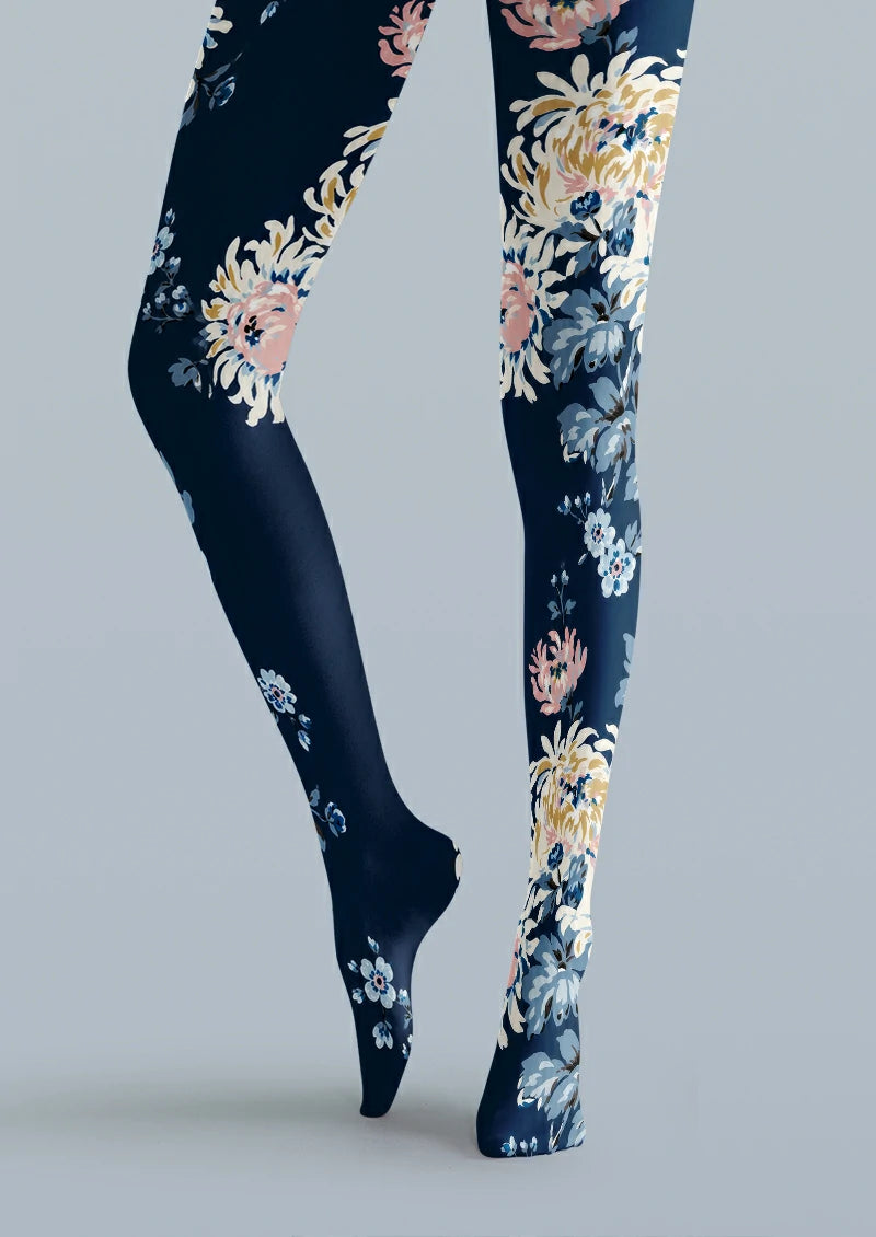 Navy Garden Floral Tights Hosiery Pantyhose