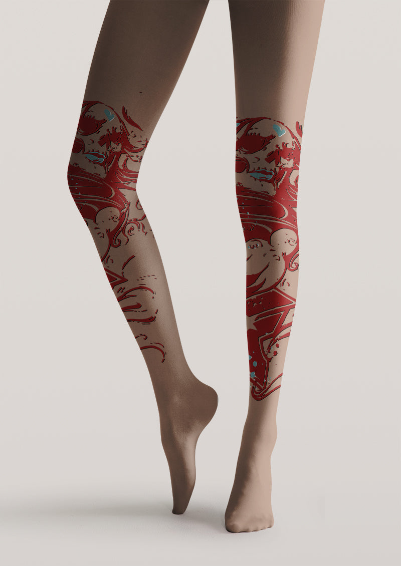 Red Wave Graphic Tattoo Print Tights Hosiery Pantyhose
