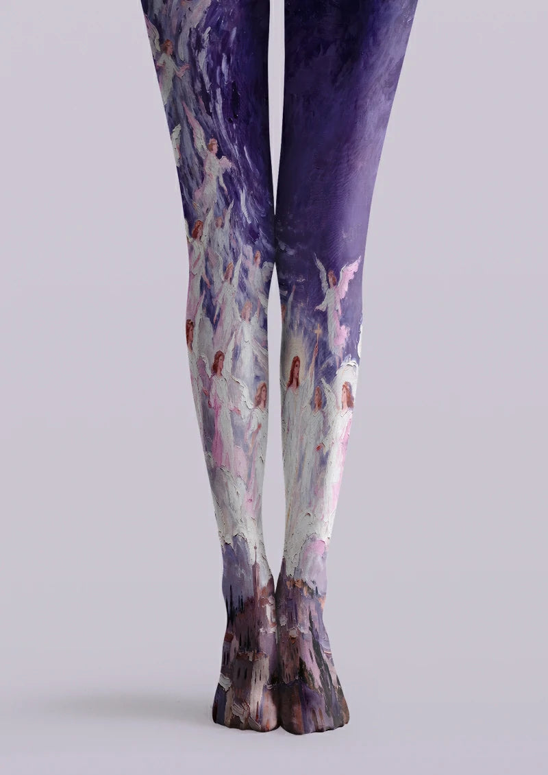 Purple printed tights with pale angelic figures and layered violet painterly brushwork