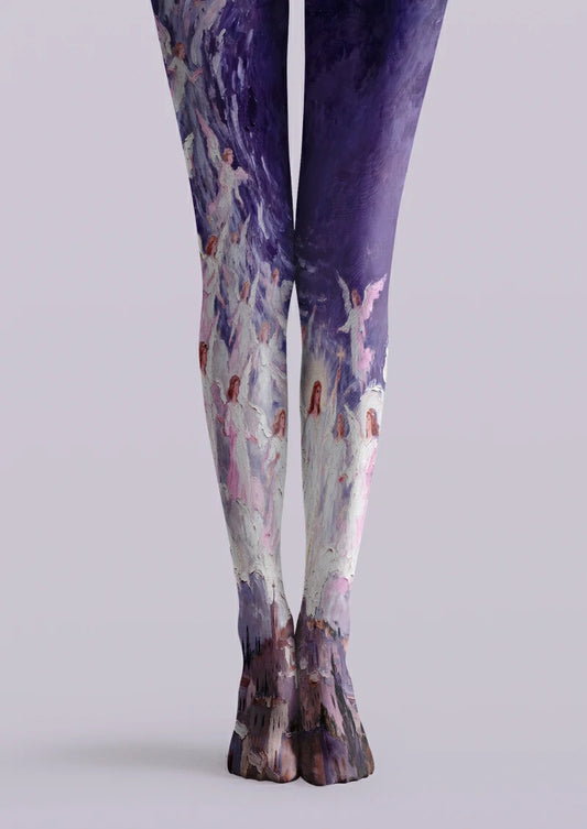 Purple printed tights with pale angelic figures and layered violet painterly brushwork