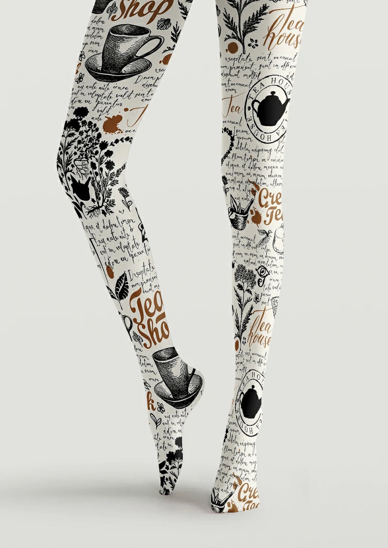 Vintage Tea Script Graphic Tights Hosiery Pantyhose